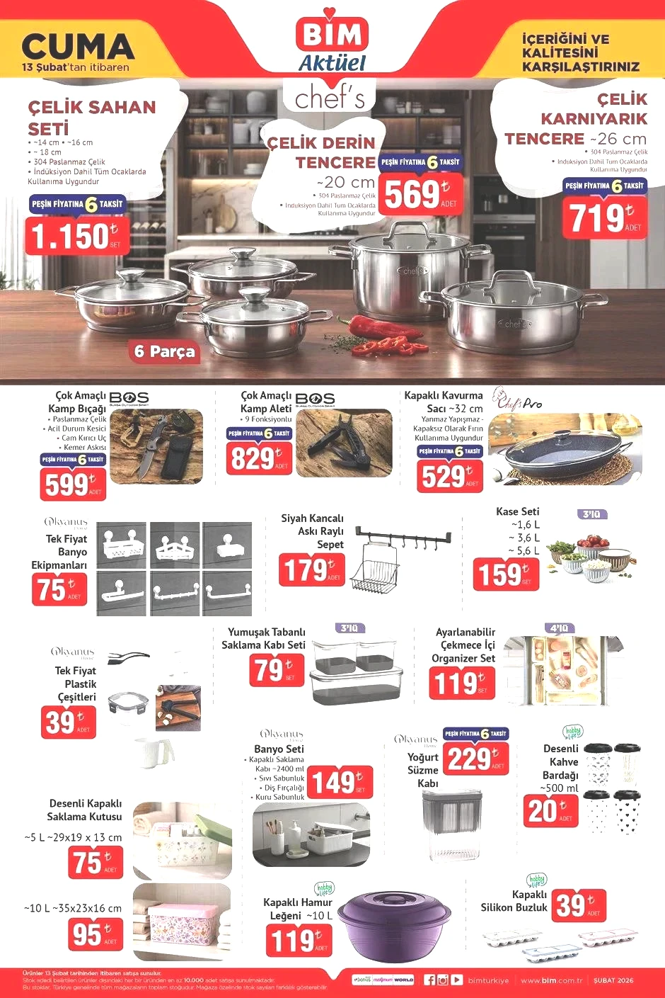 YENİ BİM Aktüel 10-13 Şubat 2026 Kataloğu: Bime hangi ürünler gelecek18 Parça Yemek Takımı, Kalp Şekilli Döküm Tencere, Çelik Sahan Seti...